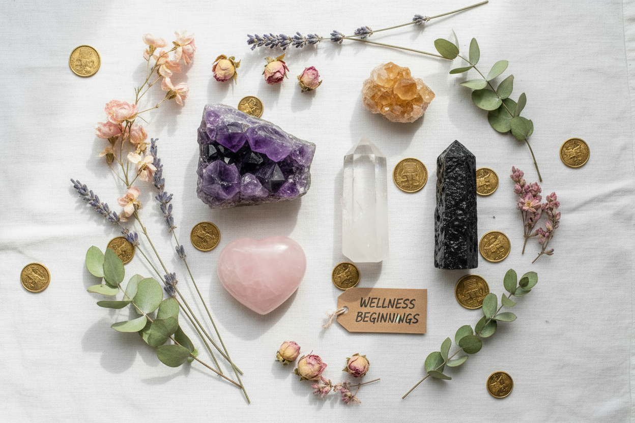 A collection of prosperity crystals including citrine, jade, pyrite and green aventurine arranged to attract abundance and wealth
