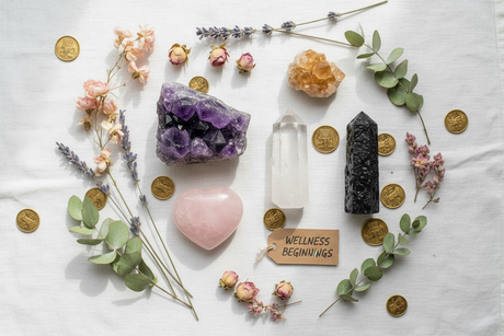 A collection of prosperity crystals including citrine, jade, pyrite and green aventurine arranged to attract abundance and wealth