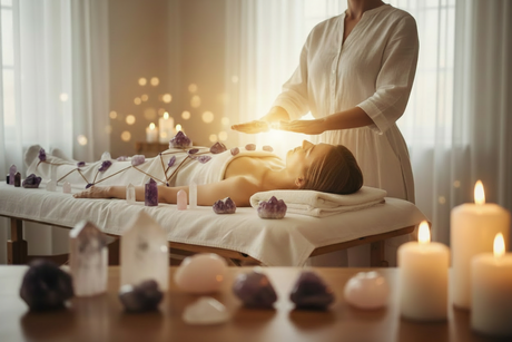 A Reiki healing session with healing crystals placed on a client's body, combining crystal energy with Reiki at Clarity of Sight Milton Keynes