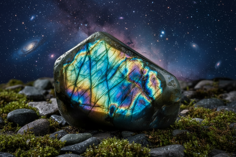 A piece of rough labradorite crystal displaying its signature iridescent blue and green labradorescence
