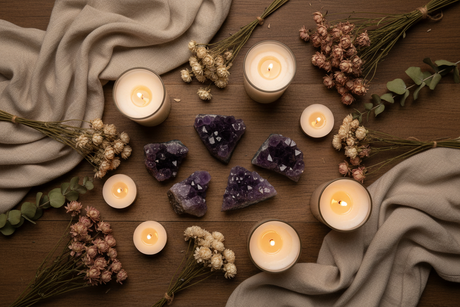 Amethyst crystals with candles and dried flowers on a wooden surface
