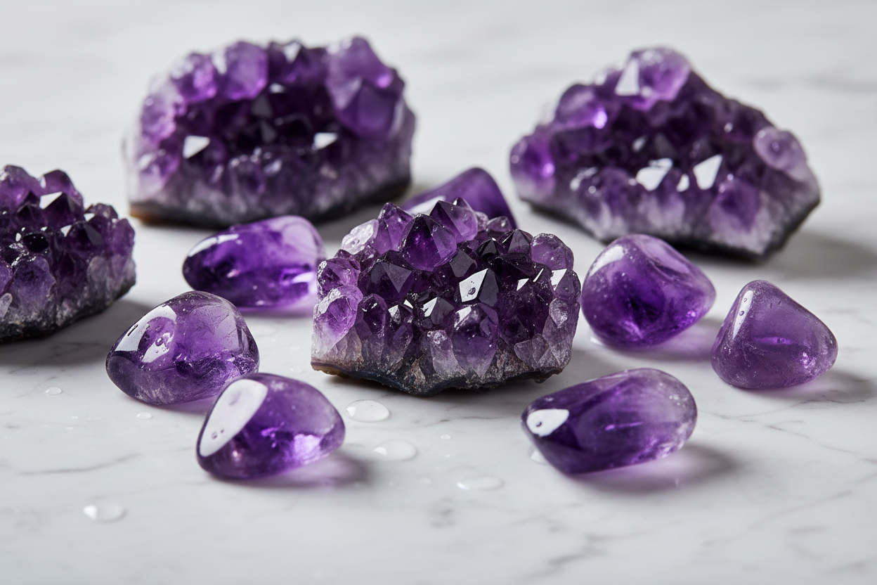 Deep purple amethyst crystal cluster glowing with calming energy, a favourite healing crystal at Clarity of Sight Milton Keynes