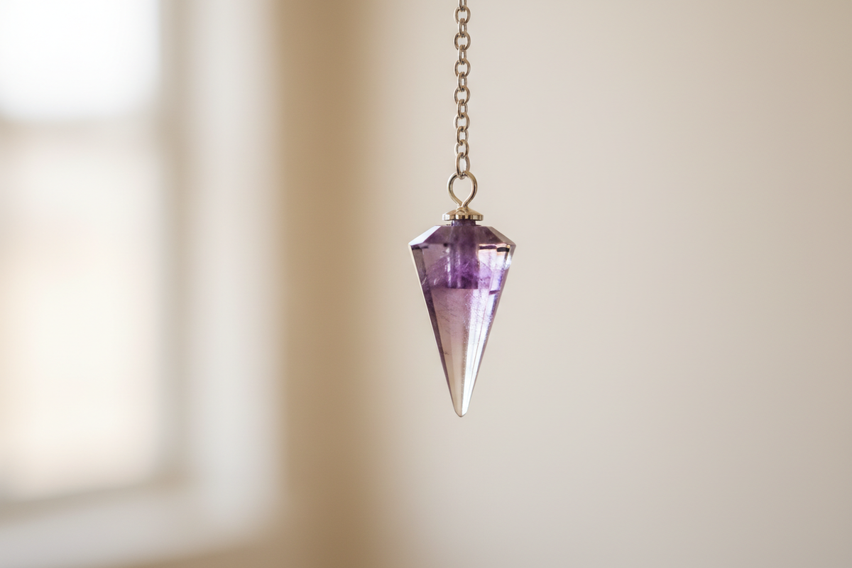 A crystal pendulum suspended from a chain, used for dowsing and intuitive guidance in crystal healing practice