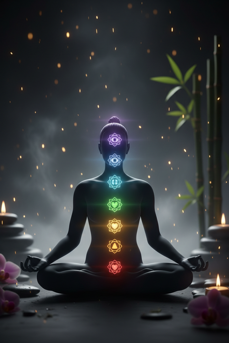 A diagram of the seven chakras along the human body, showing their colours from root red to crown violet