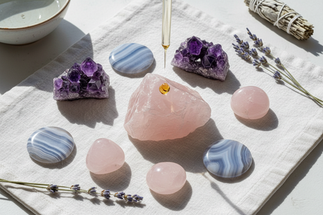 Rose quartz, kunzite and green lace jasper crystals for emotional stress at Clarity of Sight