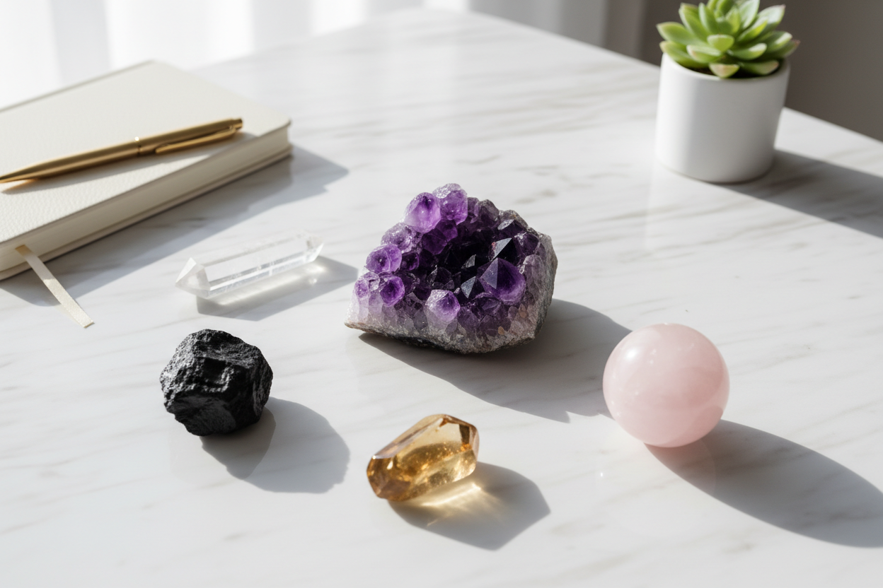 A selection of healing crystals including clear quartz, amethyst and citrine arranged on a desk to boost focus and reduce workplace stress
