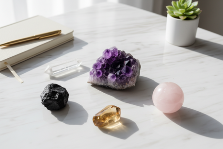 A selection of healing crystals including clear quartz, amethyst and citrine arranged on a desk to boost focus and reduce workplace stress