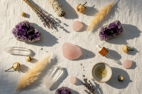Four healing crystals for spiritual stress — mookaite, aragonite, celestite, and moss agate — arranged on a natural surface