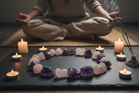 Woman meditating with healing crystals at Clarity of Sight Milton Keynes