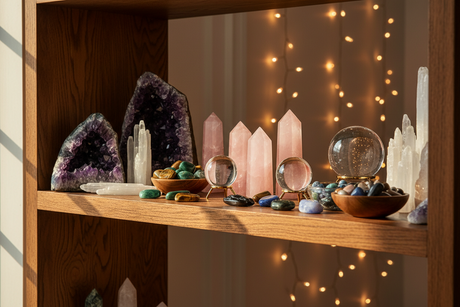 Mixture of healing crystals on a shelf at Clarity of Sight crystal shop Milton Keynes
