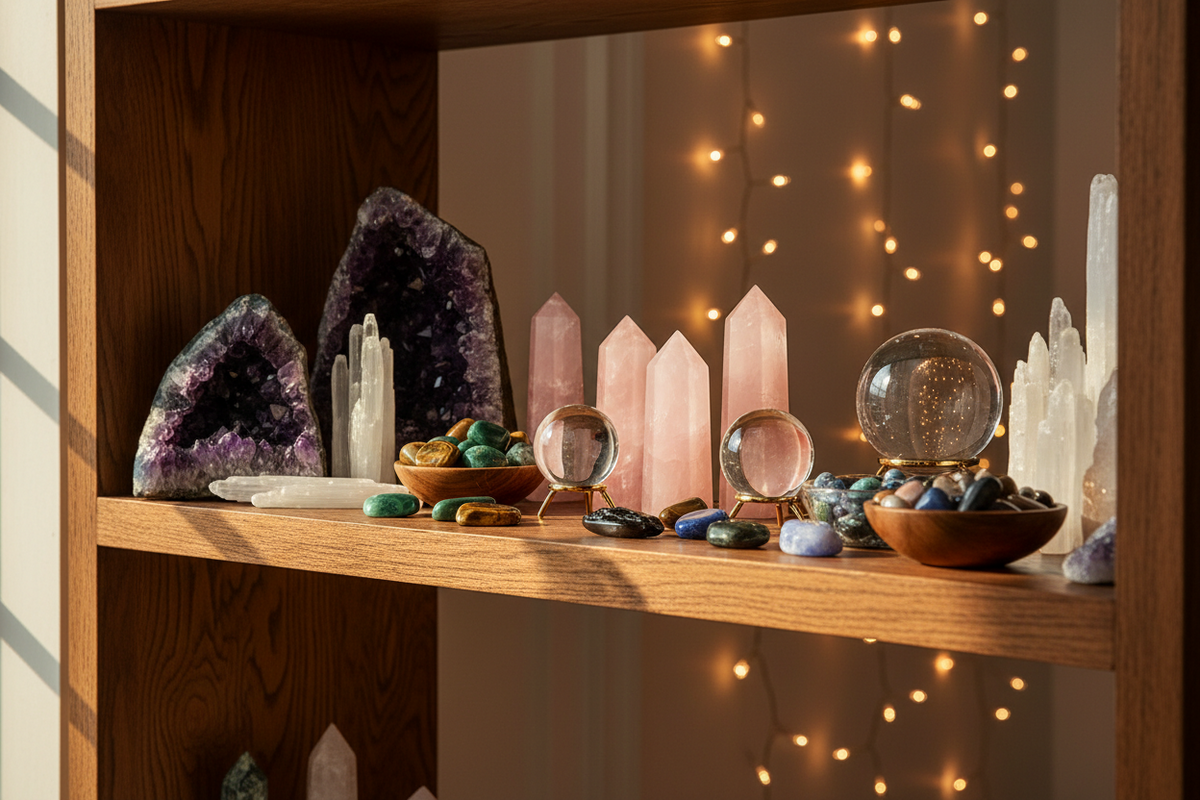 Mixture of healing crystals on a shelf at Clarity of Sight crystal shop Milton Keynes