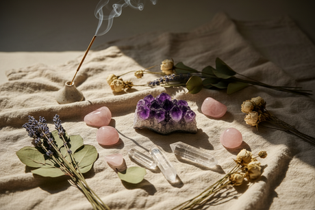 Healing crystals for anxiety including amethyst, lepidolite and black tourmaline from Clarity of Sight Milton Keynes