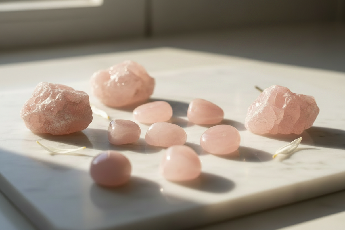 Rose Quartz tumbled stones and raw crystals at Clarity of Sight Milton Keynes