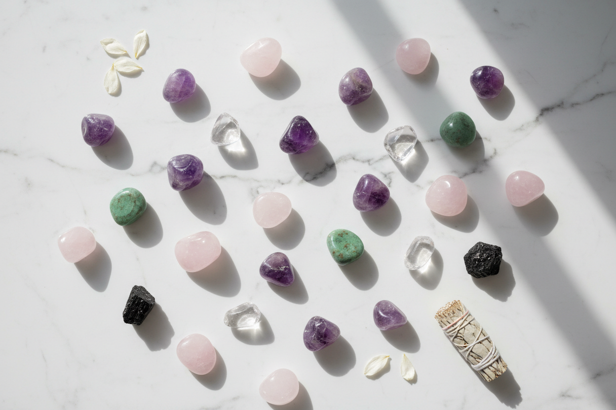 Colourful tumbled healing crystals and sage smudge stick at Clarity of Sight Milton Keynes