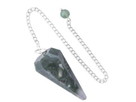 A green moss agate pendulum with a silver coloured chain.